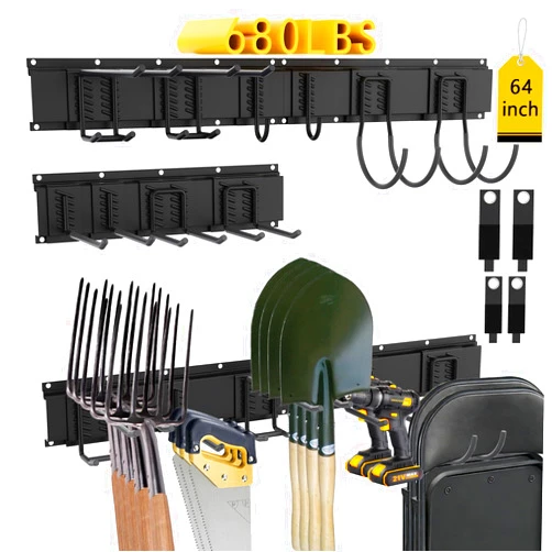 CBWLWJ 64'' Garage Tool Organizer Wall Mount - Heavy Duty 680 lbs Capacity Tool Rack with 10 Adjustable Hooks, Wall Mounted Storage System for Garage, Shed, Workshop (Black)