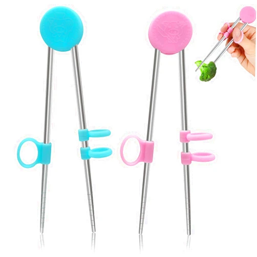 BLMHTWO 2 Pairs Kids Chopsticks Training Chopsticks for Kids Reusable Metal Chopsticks with Attachable Silicone Chopstick Helper for Children Adults Learning Beginners