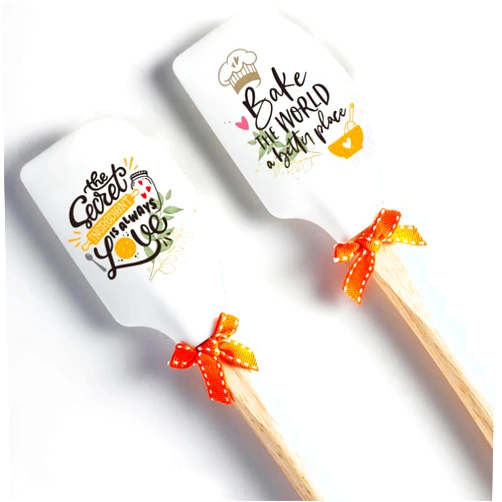 HuJiao-Zi Pack of 2 Cute Silicone Spatula Set, Wooden Handles With Bow,The Secret Ingredient Is Always Love/Bake The World A Better Place for Chef, Bakers, Baking Lovers Kitchen Supplies Housewarming Gifts