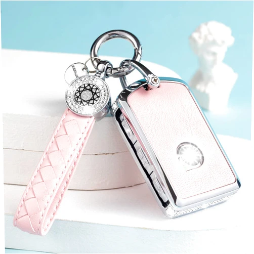 SHANGHONG Compatible with Volvo Key Fob Cover with Keychain Leather Crystal 360 Degree Protection Key Shell Case for Volvo XC90, XC60, XC40, S60, S90, V60, V90, Polestar 1, Polestar 2 (Pink)