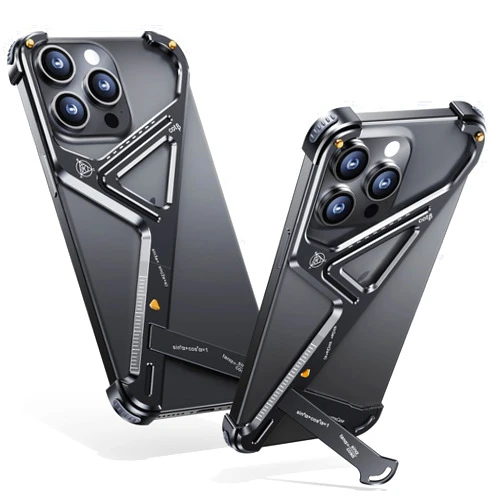 SAMORINO Minimalist Bumper Phone Case for iPhone 15 Pro, Geometric Shape Phone Case with Built-in Invisible Stand, Slim Shockproof Bumper Case Sleek Minimalist Frameless Aluminum Shells, Black