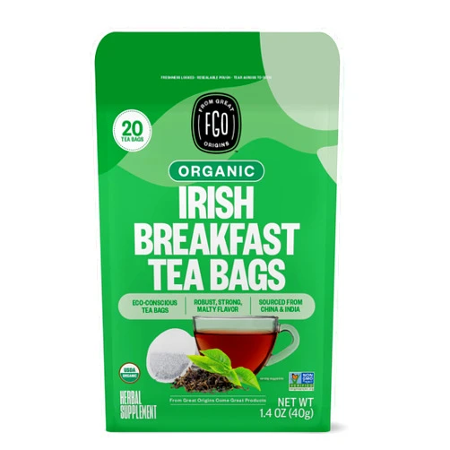FGO Organic Irish Breakfast Tea, 20 Count, Eco-Conscious Tea Bags, Resealable Bag, Packaging May Vary (Pack of 1)