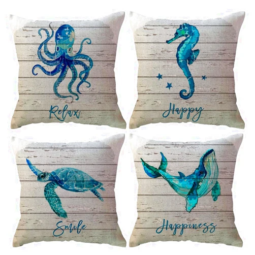 ULOVE LOVE YOURSELF Sea Animals Decorative Pillowcases 18 x 18 Inch 4Pack Coastal Ocean Theme Throw Pillow Covers Seaturtle/Octopus/Seahorse/Whale Nautical Summer Beach House Cushion Covers for Porch Couch Sofa