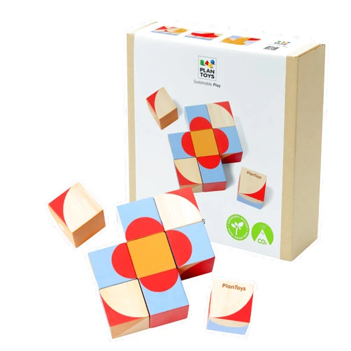 PlanToys® Wooden Geo Pattern Cubes | Montessori Puzzle Toy for Problem Solving, Logical Thinking and Visual Skills | STEM Learning Blocks with Numbers and Patterns | Eco Friendly Educational Toy