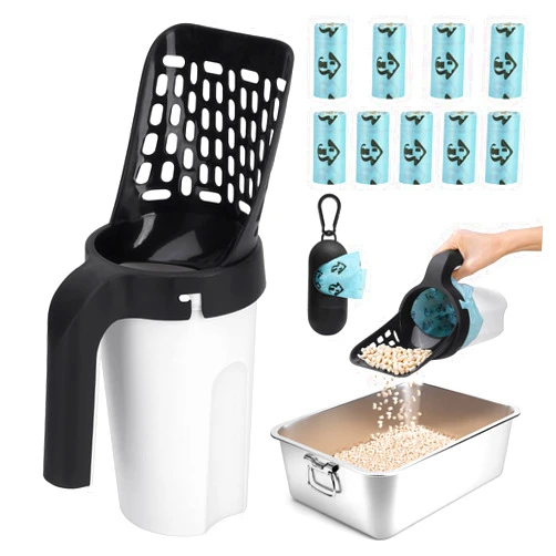 MYPIN Cat Litter Scooper with Holder, Upgraded Cat Litter Shovel with Bags and Waste Can, Cat Scooper with Extra 135 Count Litter Waste Bags, Large Capacity Portable Litter Shovel