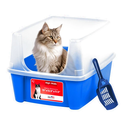 IRIS USA Large Open Top Cat Litter Box with High Sided Walls Tall Scatter Shield Scoop Included Easy Clean Plastic Pan Stain Resistant for Big Cats Kittens Indoor Multi-Cat Households