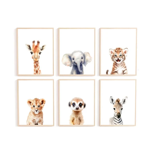 UZXTFQU 6Pcs Safari Animal Nursery Canvas Wall art Cute Elephant Giraffe Leopard Zebra Deer Kids Room Painting Pictures Wall Decor Neutral Poster Prints for Baby Boys and Girls Childrens Room Unframed