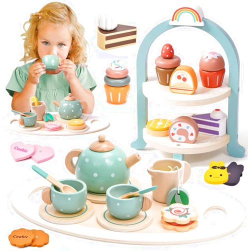 Atoylink Wooden Tea Party Set for Little Girls 28 Pcs Toddler Tea Set with Cupcake Stand & Food Pretend Play Accessories Kids Kitchen Playset Wooden Toys for 2 3 4 5 6 Year Old Girl Birthday Gift
