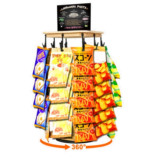 ToBeAce Rotating Chip Rack Display Stand, Potato Chip Bag Holder with 40 Clips, Snack Organizer Countertop, Wooden Base Candy Display Rack for Retail, Party, Pantry, Office, Vendor Events (Rustic Brown)