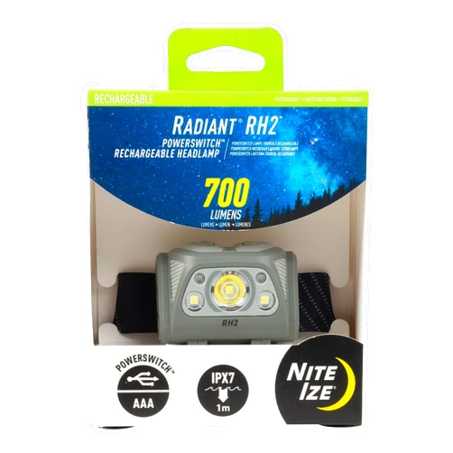 Nite Ize Radiant RH2 PowerSwitch Rechargeable Headlamp - Hands-Free Flashlight Alternative - Headlamp for Backpack Gear, Camping Equipment & More - Waterproof & Lightweight Headlamp - Black/Grey