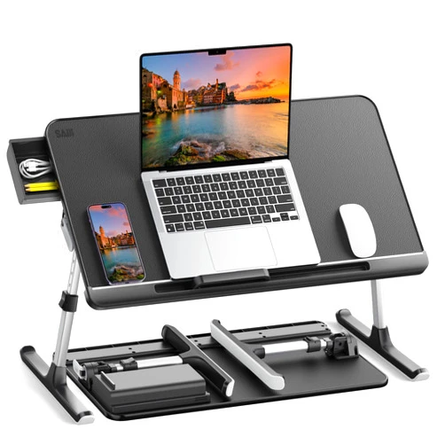 SAIJI Laptop Bed Tray Table, Adjustable PVC Leather Laptop Bed Table, Portable Standing Desk with Storage Drawer, Foldable Lap Tablet Table for Sofa Couch Floor (Dark Black)