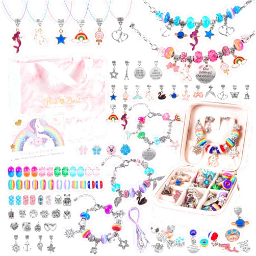 ELLENER Charm Bracelet Jewelry Making Kit - A Perfect Birthday Holiday Gift for Girls Age 6 7 8 9 10 with Portable Jewelry Box, Cute & Sparkling to Inspire Creativity and Self-Expression, Great Value