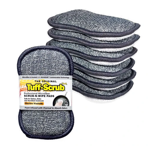 TUFF-SCRUB Kitchen Sponges - Heavy Duty + Microfiber Scrub-n-Wipe Dish Sponge Pads, Multipurpose Cleaning Scrubber Pad with Silvadur + Charcoal Odor Control - 6-Pack Regular