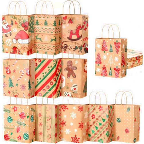 Jenleestar Christmas Gift Bags, 12pcs Reusable Sturdy Holiday Gift Wrapping Bags with Handles, Brown Kraft Paper, 7.3