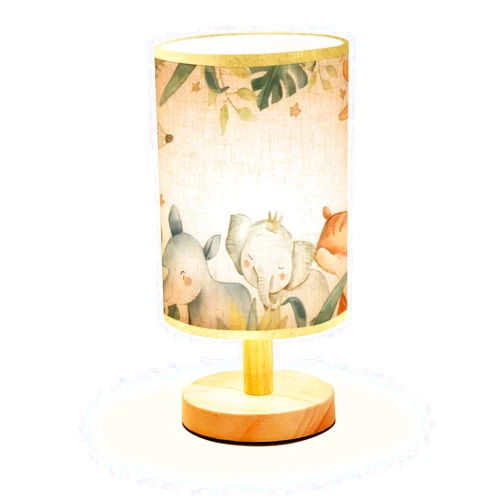 LOPYEIJFG Minimalist Bedside Table Lamp Safari Animals Watercolor with Baby Elephant Lion Zebra Giraffe Wood Nightstand Desk Base Flaxen Fabric Shade for Bedroom Living Room 5.5x11inch
