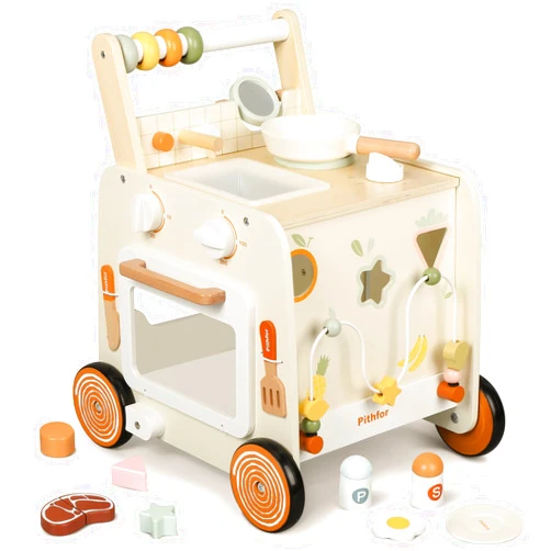 Pithfor Wooden Baby Walker, 3-in-1 Baby Push Walker, with Pretend Kitchen, Montessori Sensory Activity Center, Push Walker Toys for Babies Learning to Walk, Sit-to-Stand