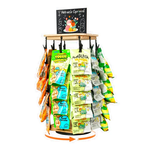 DICYWUDI Clips Snack Retail Display Rack, 5 Tiers 40 Wooden Base Chip Rack Display Stand for Office Desk, 360° Rotatable Chip Holder, for Retail, Stand, Countertop, Party, Events