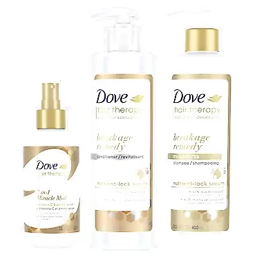 Dove Hair Therapy Shampoo, Conditioner and 7-in-1 Hairspray for Damaged Hair Breakage Remedy with Nutrient-Lock Serum