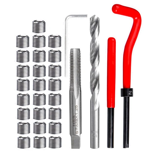 Yakamoz 30Pcs M8 Thread Repair Kit Metric M8 x 1.25 Helical Coil Inserts Stripped Thread Repair Damaged Screw Threads Rethreading Drill Bit Taps Helicoil Kit Repairing Tool