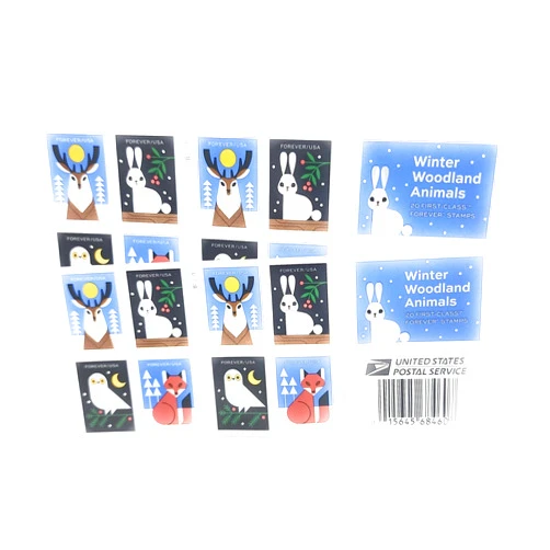 United States Postal Service Winter Woodland Animals (2 Booklets of 20) Forever Postage Stamps (a Deer, Fox, Rabbit, and Owl) 2023 Scott #5822-5825