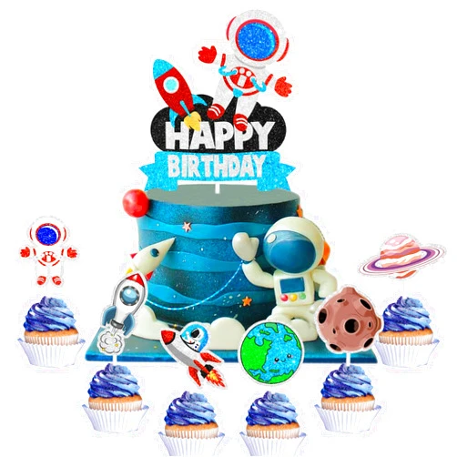 SugarGera Set of Astronaut Happy Birthday Cake Toppers-with a Space Theme The Rocket Planet space ship Decorations for a Baby Shower, Boy or Girl's Birthday Party