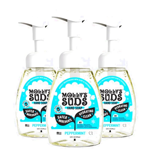 Molly's Suds Foaming Hand Soap - Made with Aloe and Coconut Oil | Moisturizing Hand Wash | Plant-Based, Infused with Essential Oils | Peppermint - 8.25 Oz (Pack of 3)