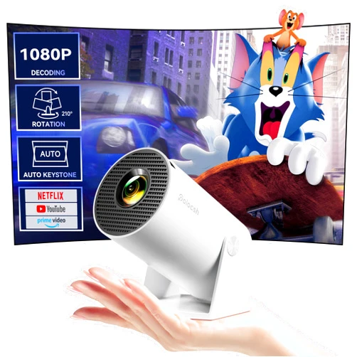 Polocsh Mini Projector with Wifi and Bluetooth 210°Rotatable Portable Smart Projector Built-in Android TV 11.0 1080P Support Short Throw Outdoor Auto Keystone 130'' Screen Home Theater Projector for Phone/PC