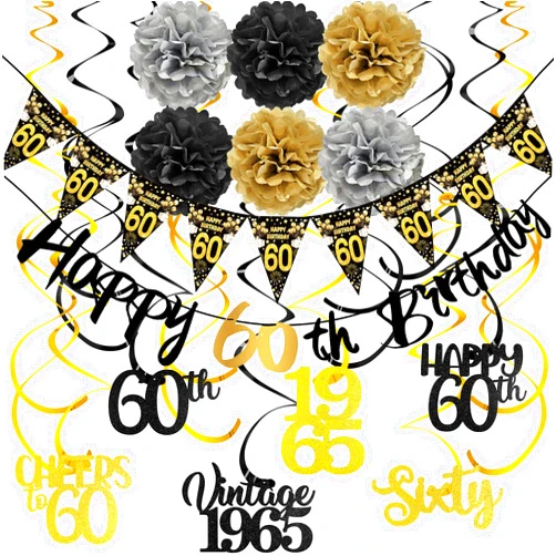 Uiorgui 60th Birthday Decorations for Men Women, 26PCS Black Gold 60th Birthday Party Decoration Pack, Happy 60th Birthday Banner Paper Pompoms Hanging Swirls Kit 1965 Birthday Party Supplies Set