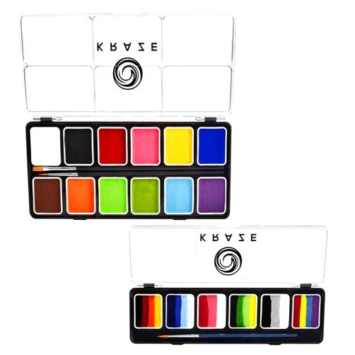 Kraze FX Face Paint Palette Set Of 2 - Fundamentals & Splash, Value Pack of 12 Basic Solid Colors & 6 Fun Split Cakes Palette with Brushes, Professional Face Painting Starter Kit