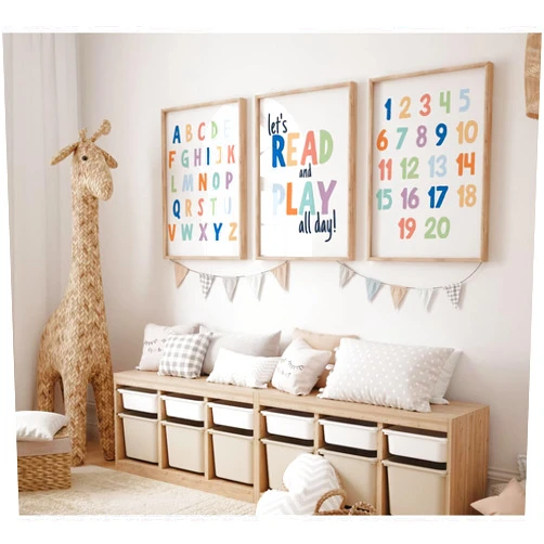 Pennclys Kids Playroom Wall Art Decor Alphabet Poster Play Room Canvas Wall Decor ABC Nursery Wall Art 123 Toddler Poster Let's Read for Boy Girl Room 12x16 Inch Unframed Set of 3