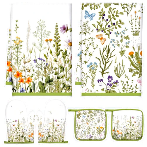 Leinuosen 6 Floral Plant Oven Mitts and Pot Holders Sets Farmhouse Kitchen Towels Absorbent Dish Towels for Cooking Baking Grilling(Green,Spring Flower)