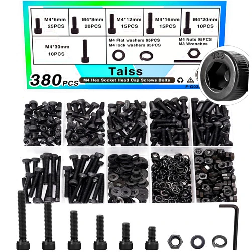 Taiss 380PCS M4 Screw Kit,Hex Socket Head Cap Screws Assortment with Nuts/Washers/Hex Wrench M4x6/8/12/16/20/30mm,12.9 Grade Alloy Steel Black Zinc Plated Small Metric Screws,M4 Bolts