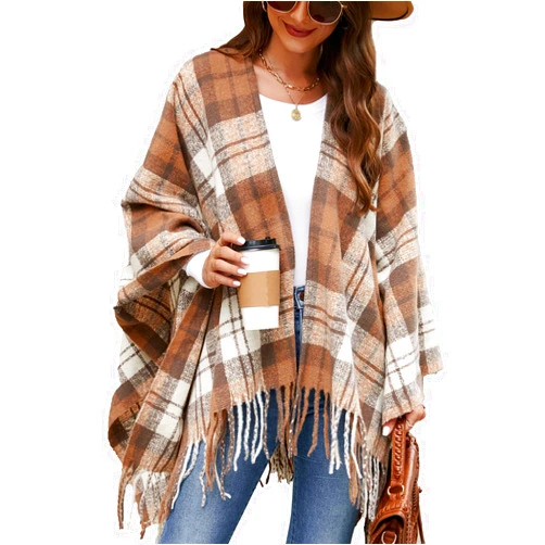 VIMPUNEC Women Boho Buffalo Plaid Poncho Pashmina Shawl Wrap Cape Sweater Knitting Cardigan with Tassel