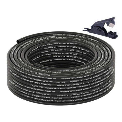 Boeray 100FT 1/4 DOT Air Line SAE J844 PA12 Nylon Air Hose with Cutter 1/4” OD Pneumatic Tubing DOT Approved 1/4 Air Brake Hose for Air Suspension Kit Truck Trailer Brake System & Fluid Transfer 30.5m