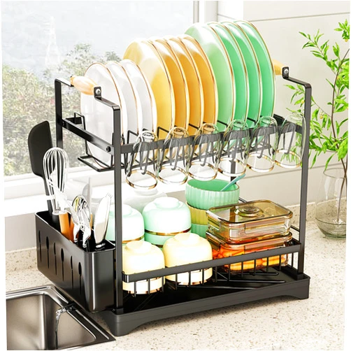 FLYING APSARAS 3-Tier Dish Drying Rack, APSARAS Black Large Capacity and Multifunctional Carbon Steel Dish Rack, Rustproof Kitchen with Drainboard,16.5
