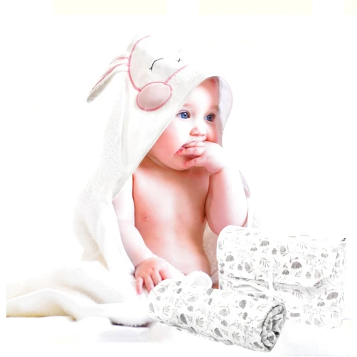 FOREVERPURE Baby Gift Set, Newborn Girl and Boy Gift Bag, Welcome Bundles Sets, White Bunny Hooded Towel with Delicate Grey and White Flowers Swaddle