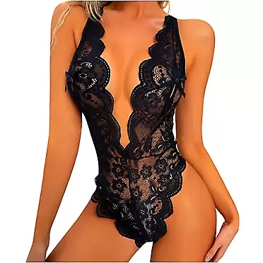 Masbird Sexy Lingerie for Women Role PlayWomen 1 Piece Lingerie Sexy Play Lace Bodysuit Deep V Teddy Babydoll Black Large