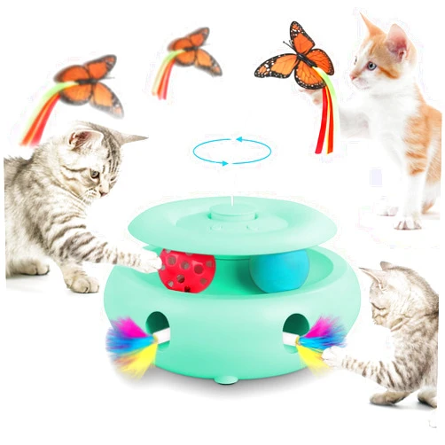 INKZOO Interactive Cat Toy Automatic Cat Toys for Indoor Cats, 3-in-1 Electric Cat Toy USB Rechargeable, Ambush Feather, Fluttering Butterfly, Track Balls Kitten Toy Cat Exercise Toys (Tiffany Blue)