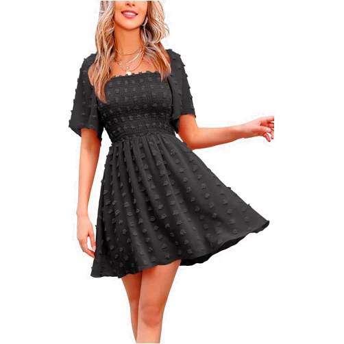EXLURA Women's 2024 Summer Casual Ruffle Short Sleeve Swiss Dot Mini Dress Smocked Square Neck Flowy Sundress