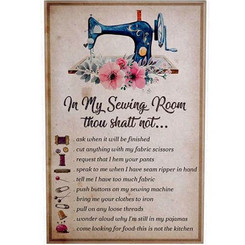 Flyhaw Vintage Metal Tin Sign Sewing Patterns Sewing Room Poster in My Sewing Room Thou Shalt Not Sewing Room Decor Indoor Outdoor Home Bar Coffee Kitchen Wall Decor 8x12 inch