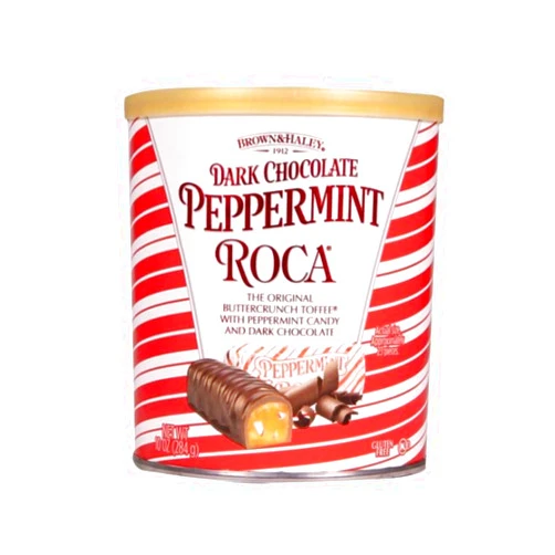 Roca Brown & Haley Dark Chocolate PEPPERMINT ROCA Canister, Individually Wrapped Chocolate Covered Candy, Buttercrunch Toffee With Peppermint Candy Pieces, 10 Ounces (Pack of 1)