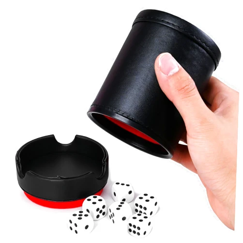 TUZAMA Dice Cup with Lid, PU Leather and Felt-Lined, Quiet Shaker for Yahtzee Farkle Dice Board Games, Set of Six 16mm Dices Included