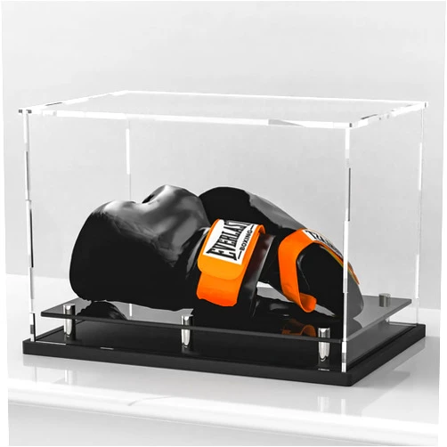 WANLIAN Clear Boxing Glove Display Case,Self-Assembly Acrylic Baseball Glove Display case for Full Size,Football Glove Display Case Holder Showcase.Baseball Mitt Ball Display Case with Black Base Riser Stand