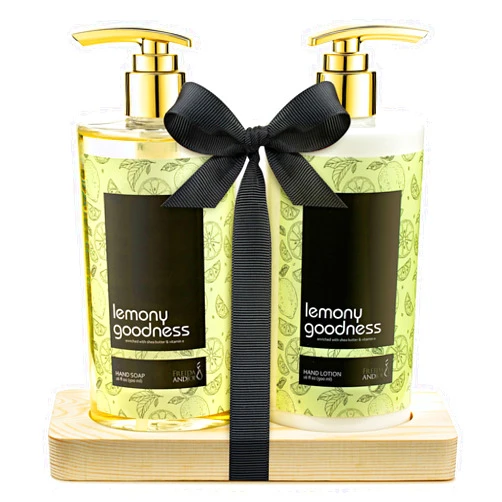Freida and Joe 16 fl oz Lemon Citrus Aromatic and Nourishing Hand Soap Set Keep Your Skin Incredibly Soft & Clean in a Wooden Holder Unisex Formula Luxury Body Care for Women and Men