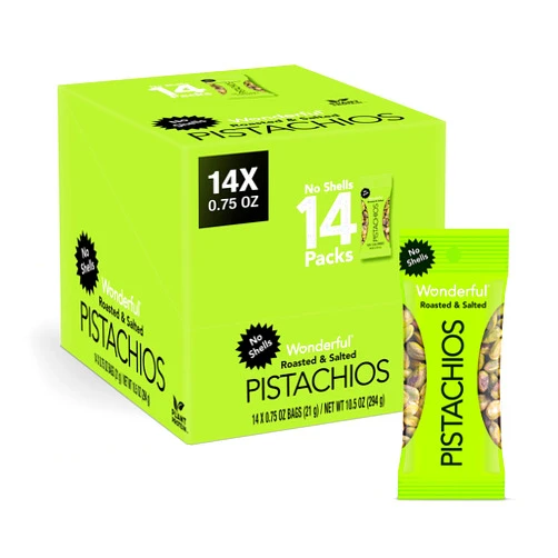 Wonderful Pistachios No Shells, Roasted & Salted Nuts, 0.75 Ounce Bag (Pack of 14), Protein Snacks, Vegan Snacks, On-the-Go, Individual Snacks for Adults