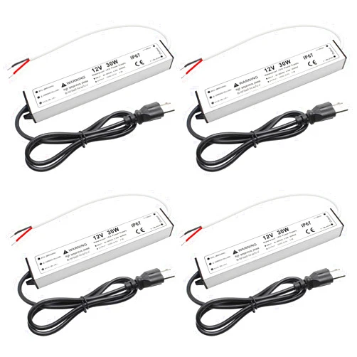 Bingotec 30W 12 Volt LED Power Supply, Waterproof IP67 LED Driver, 110V AC to 12V DC Converter, LED Transformer Low Voltage Output with 3-Prong Plug 3.3 Feet Cable for LED Light Strip, 2.5Amp, 4Pack