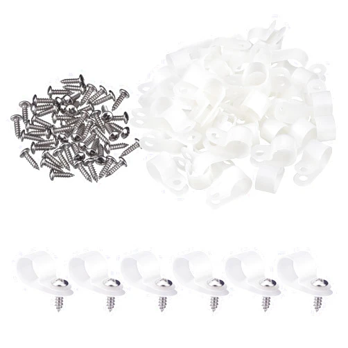 Hicarer 50 Pack R-Type Cable Clip Wire Clamp, Nylon Screw Mounting Cord Fastener Clips with 50 Pack Screws for Wire Management (White,1/2 Inch)