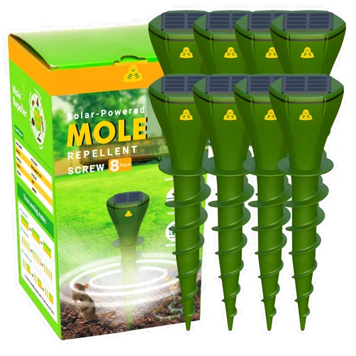 X-PEST Solar Powered Mole Repellent Stakes Outdoor Ultrasonic Snake Groundhog Gopher Vole Chipmunk Repeller Sonic Deterrent Spikes Device for Lawns and Yard Waterproof - No Poison Killer Traps, Green 8 Pack