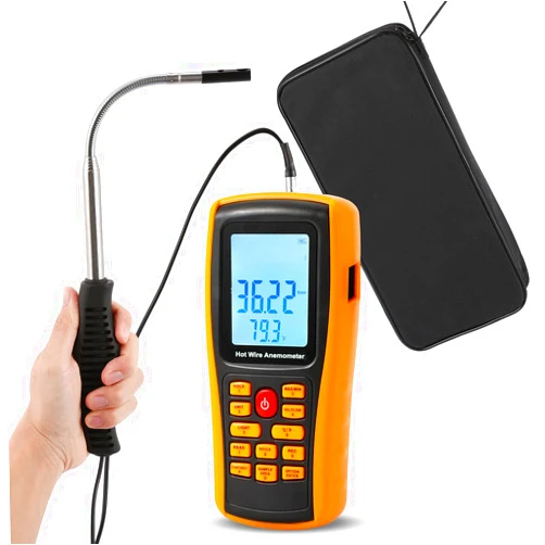 Bonvoisin Hotwire Anemometer Handheld CFM/CMM Air Flow Velocity Meter Wind Speed Gauges with Backlight LCD Display for HVAC in-Duct Airflow Air Velocity Temperature(Thermal Anemometer)