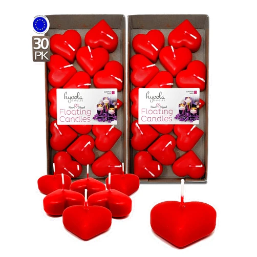 HYOOLA Premium Red Heart Floating Candles - Love Shaped Candles - 1.8 Inch - 2 Hour - 30 Pack - European Made